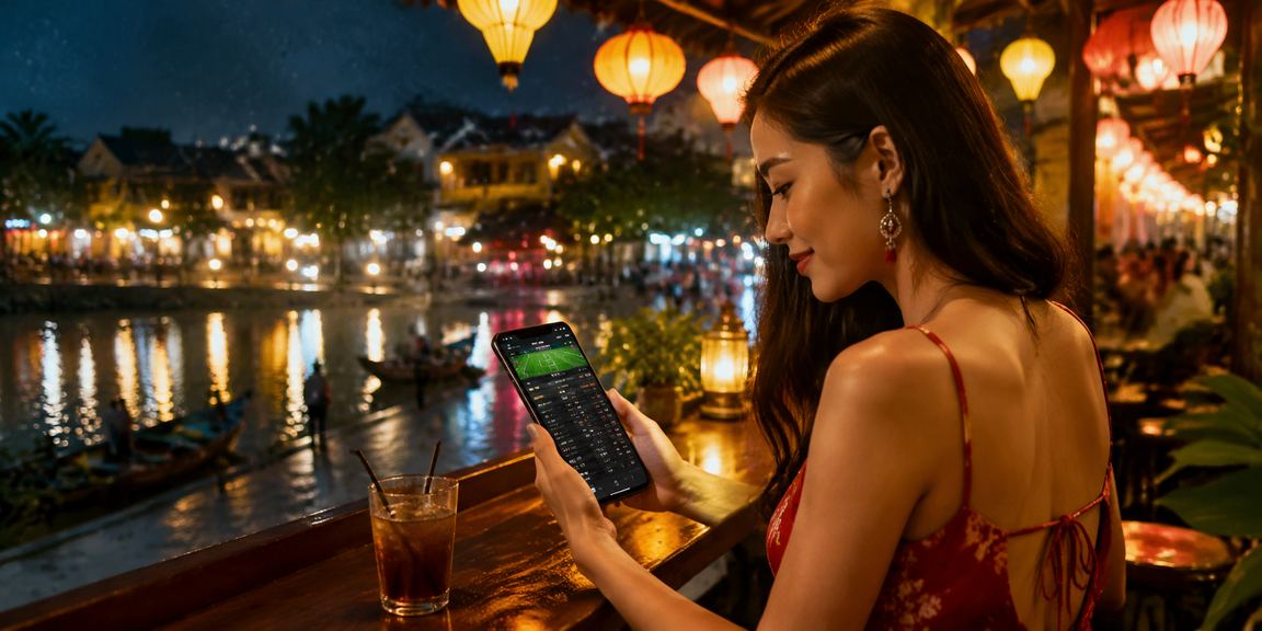 Người dùng Hội An thư giãn tại quán cà phê và trải nghiệm cá cược thể thao trực tuyến